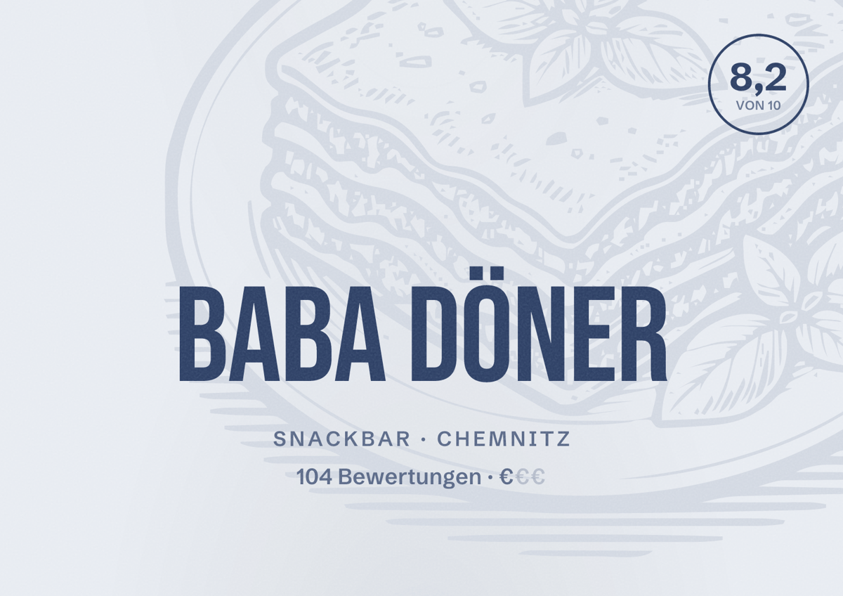 Illustriertes Poster von BABA Döner, Snackbar in Chemnitz: Bewertung 8,2 von 10 aus 104 Bewertungen, Preisniveau €