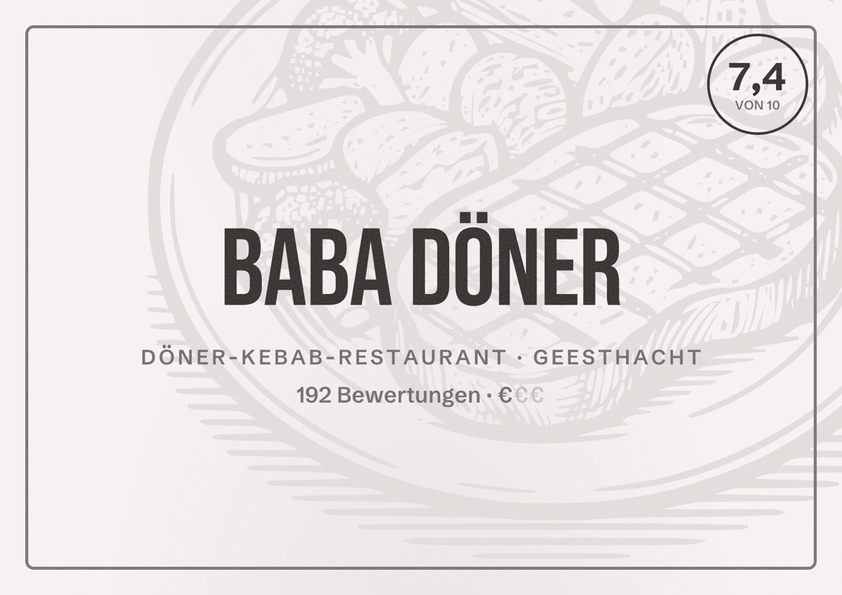 Illustriertes Poster von Baba Döner, Döner-Kebab-Restaurant in Geesthacht: Bewertung 7,4 von 10 aus 192 Bewertungen, Preisniveau €