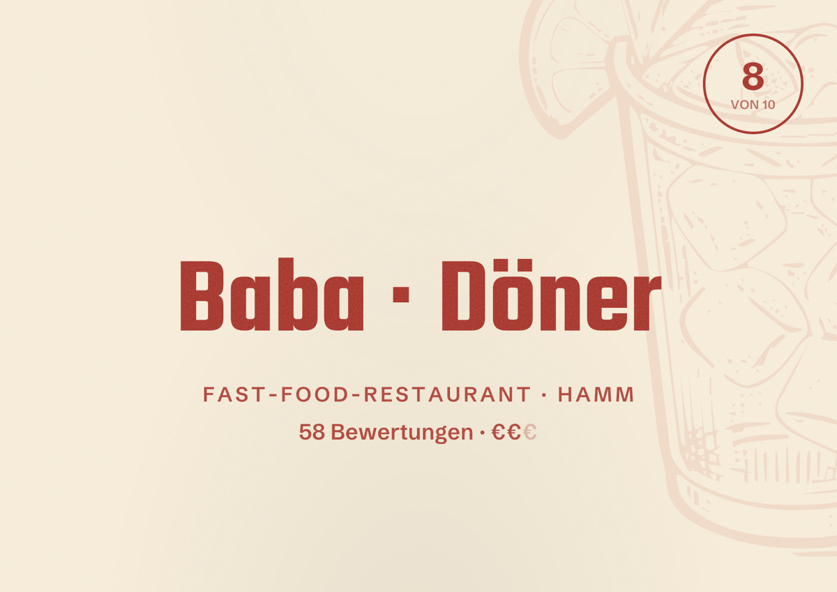 Illustriertes Poster von Baba Döner, Fast-Food-Restaurant in Hamm: Bewertung 8 von 10 aus 58 Bewertungen, Preisniveau €€