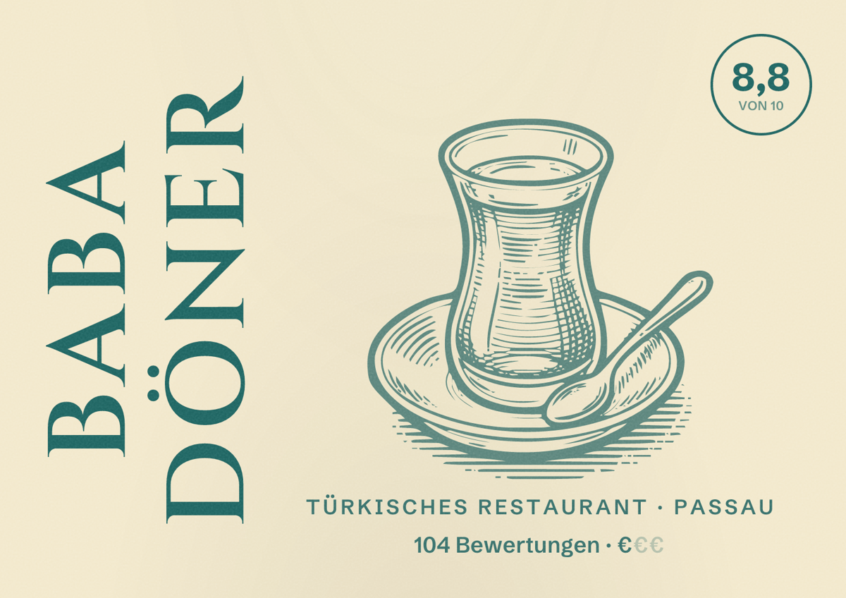 Illustriertes Poster von BABA DÖNER, Türkisches Restaurant in Passau: Bewertung 8,8 von 10 aus 104 Bewertungen, Preisniveau €