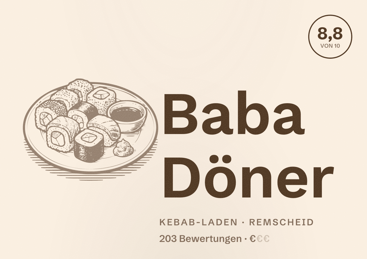 Illustriertes Poster von Baba Döner, Kebab-Laden in Remscheid: Bewertung 8,8 von 10 aus 203 Bewertungen, Preisniveau €