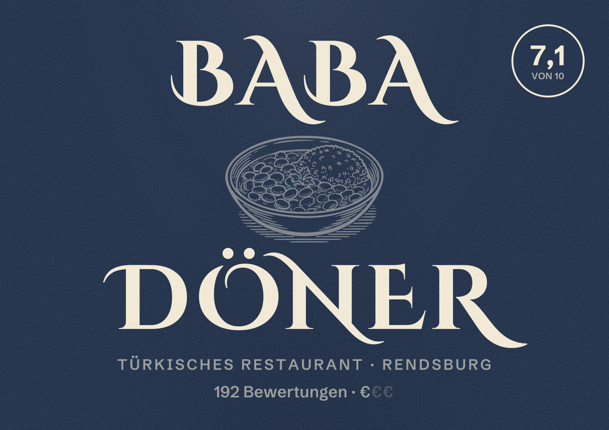 Illustriertes Poster von BABA DÖNER, Türkisches Restaurant in Rendsburg: Bewertung 7,1 von 10 aus 192 Bewertungen, Preisniveau €