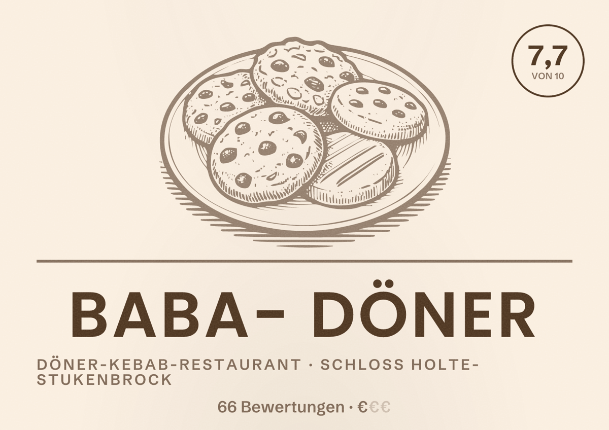Illustriertes Poster von Baba- Döner, Döner-Kebab-Restaurant in Schloß Holte-Stukenbrock: Bewertung 7,7 von 10 aus 66 Bewertungen, Preisniveau €