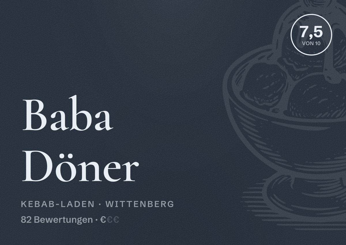 Illustriertes Poster von Baba Döner, Kebab-Laden in Wittenberg: Bewertung 7,5 von 10 aus 82 Bewertungen, Preisniveau €