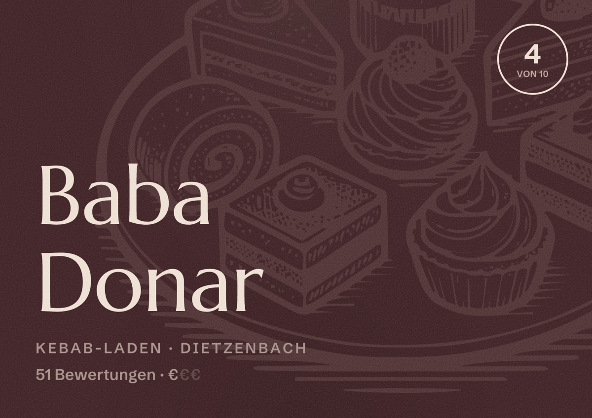 Illustriertes Poster von Baba Donar, Kebab-Laden in Dietzenbach: Bewertung 4 von 10 aus 51 Bewertungen, Preisniveau €
