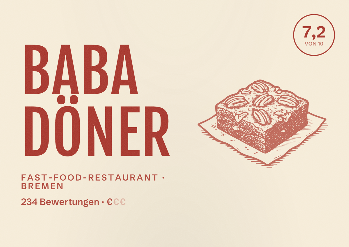 Illustriertes Poster von Baba Döner, Fast-Food-Restaurant in Bremen: Bewertung 7,2 von 10 aus 234 Bewertungen, Preisniveau €