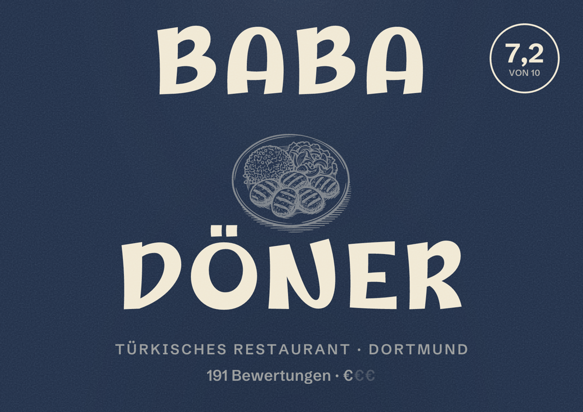 Illustriertes Poster von Baba Döner, Türkisches Restaurant in Dortmund: Bewertung 7,2 von 10 aus 191 Bewertungen, Preisniveau €
