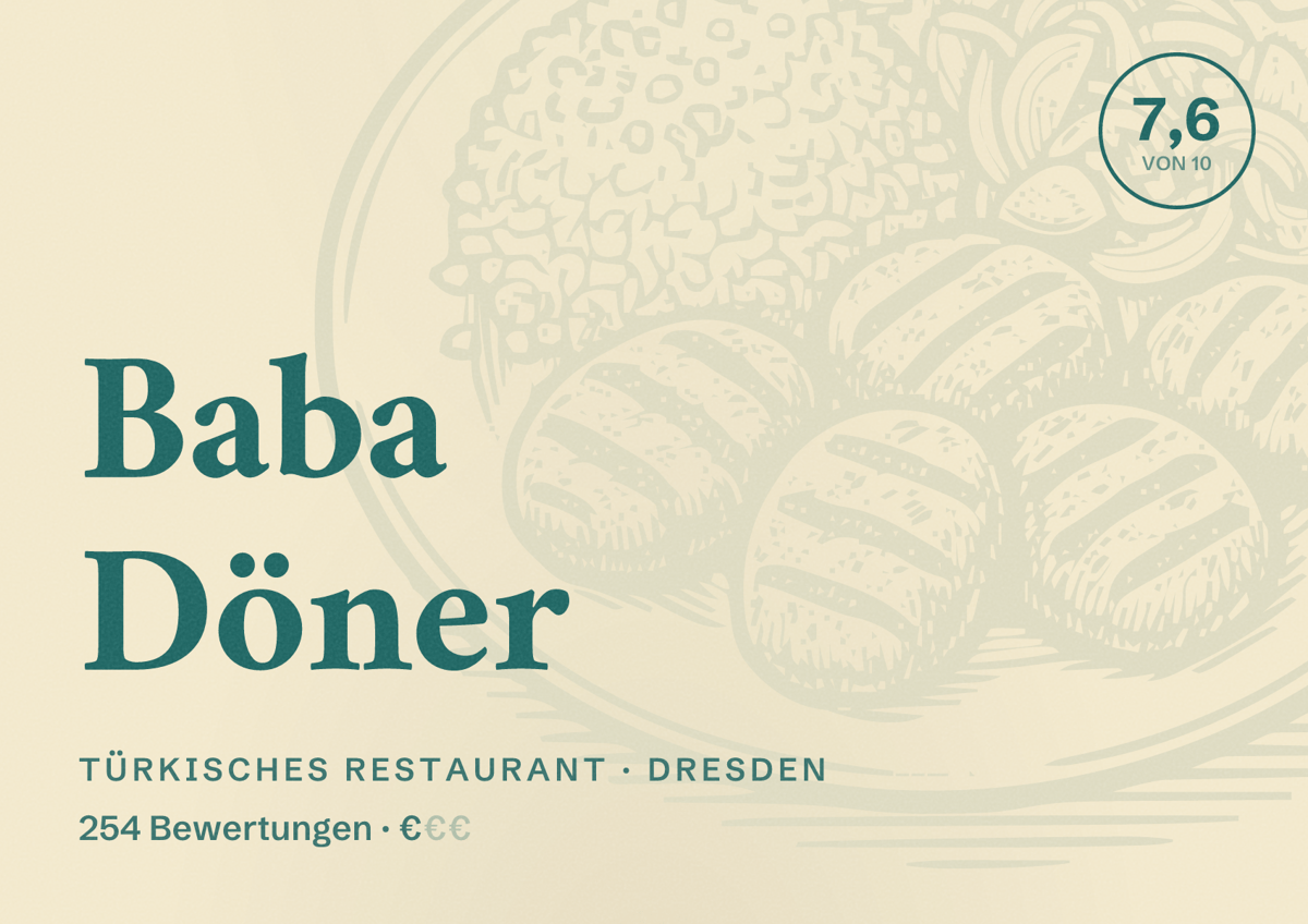 Illustriertes Poster von Baba Döner, Türkisches Restaurant in Dresden: Bewertung 7,6 von 10 aus 254 Bewertungen, Preisniveau €