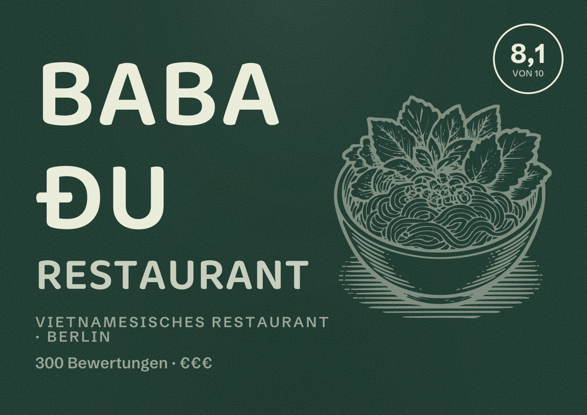 Illustriertes Poster von Baba đu Restaurant, Vietnamesisches Restaurant in Berlin: Bewertung 8,1 von 10 aus 300 Bewertungen, Preisniveau €€€