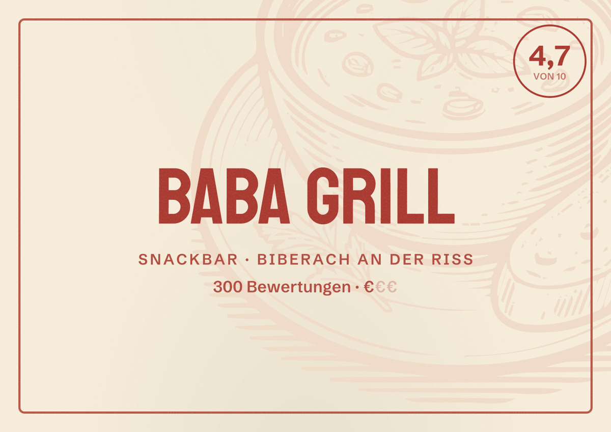Illustriertes Poster von Baba Grill, Snackbar in Biberach an der Riß: Bewertung 4,7 von 10 aus 300 Bewertungen, Preisniveau €