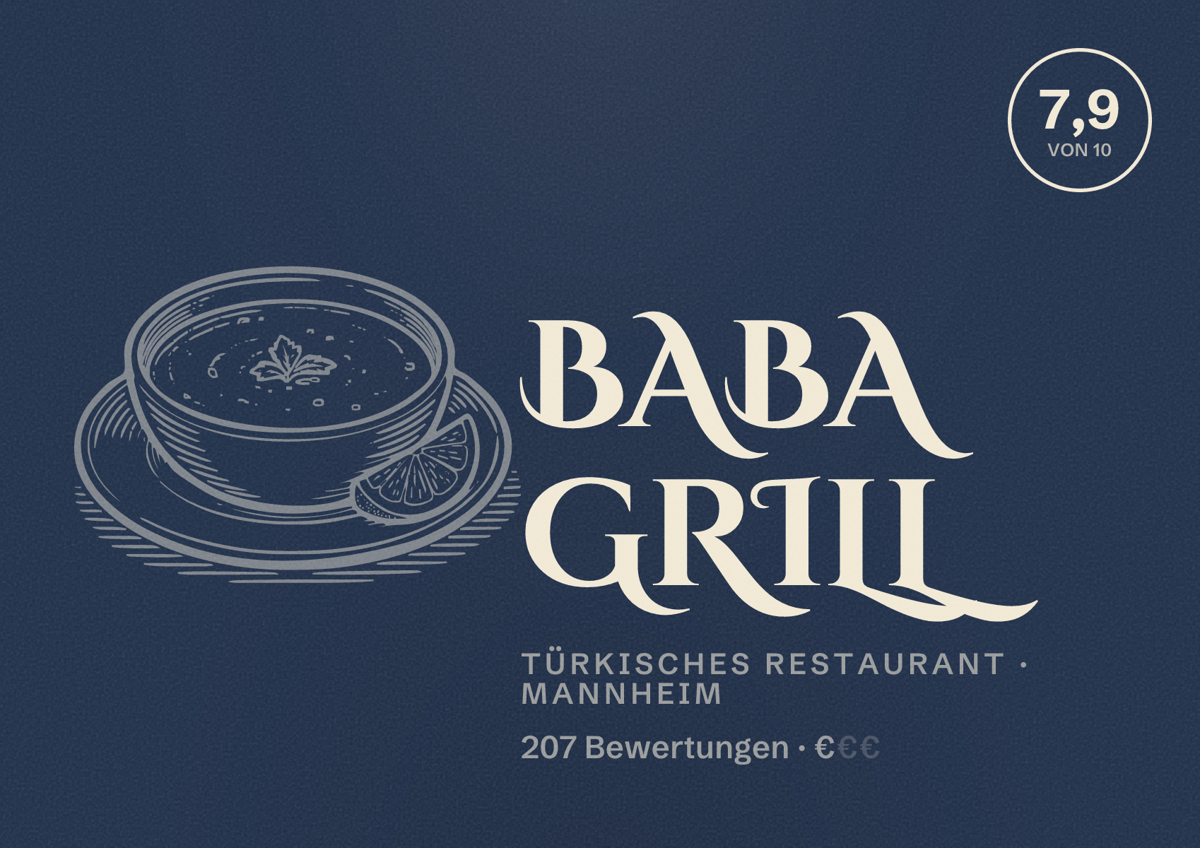 Illustriertes Poster von Baba Grill, Türkisches Restaurant in Mannheim: Bewertung 7,9 von 10 aus 207 Bewertungen, Preisniveau €