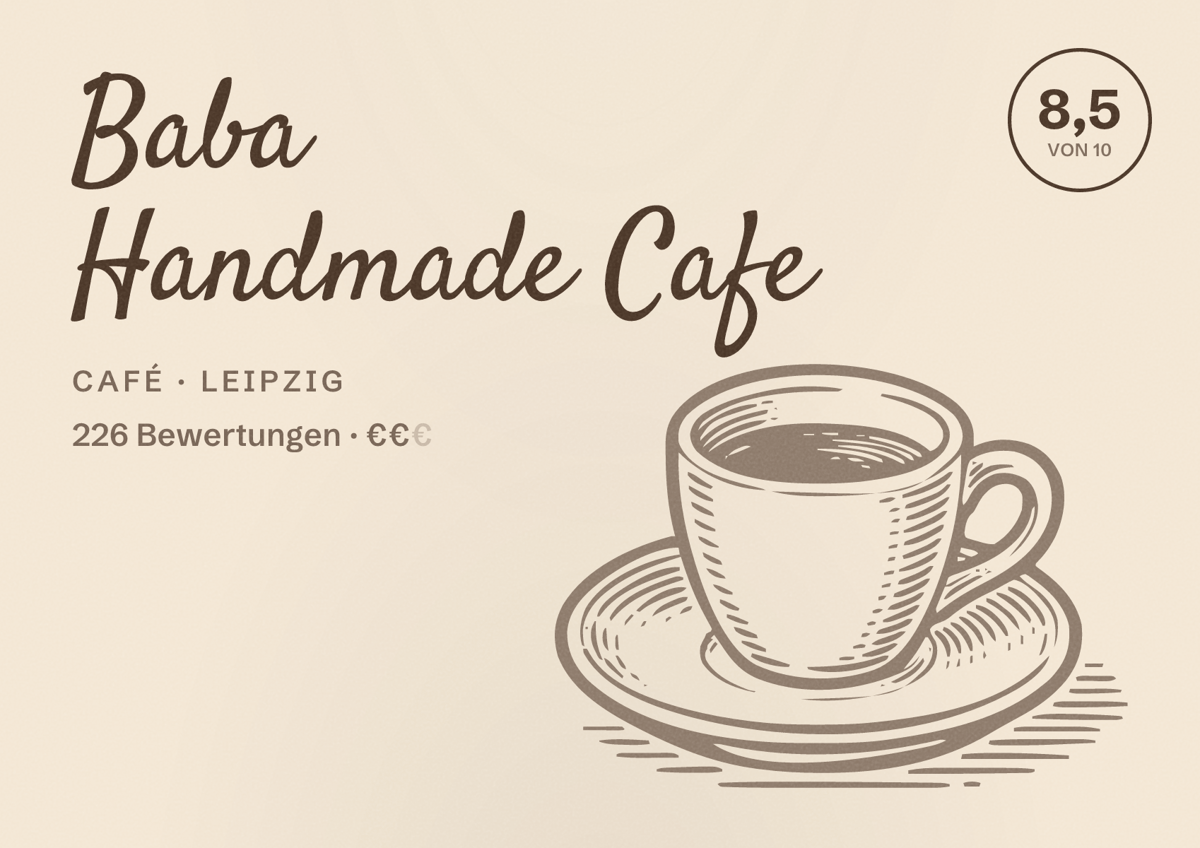 Illustriertes Poster von Baba Handmade Cafe, Café in Leipzig: Bewertung 8,5 von 10 aus 226 Bewertungen, Preisniveau €€