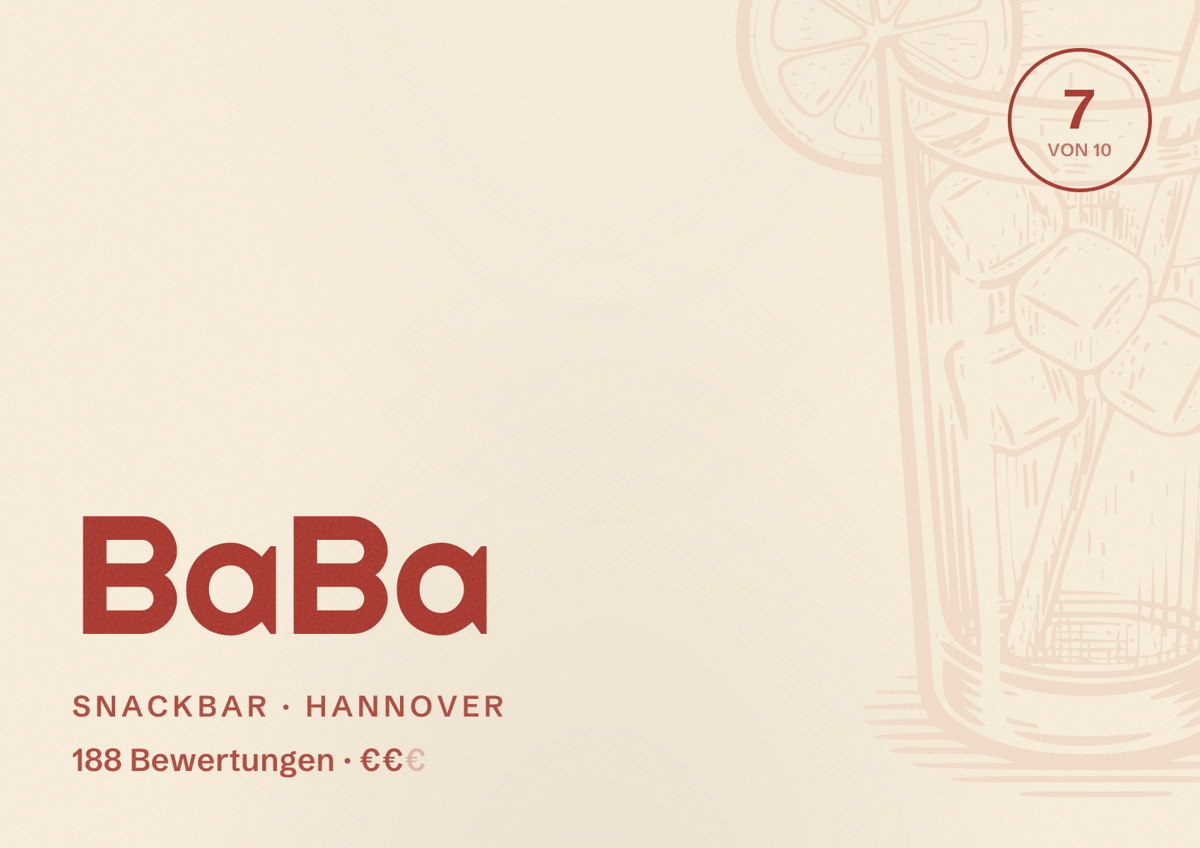 Illustriertes Poster von BaBa, Snackbar in Hannover: Bewertung 7,0 von 10 aus 188 Bewertungen, Preisniveau €€