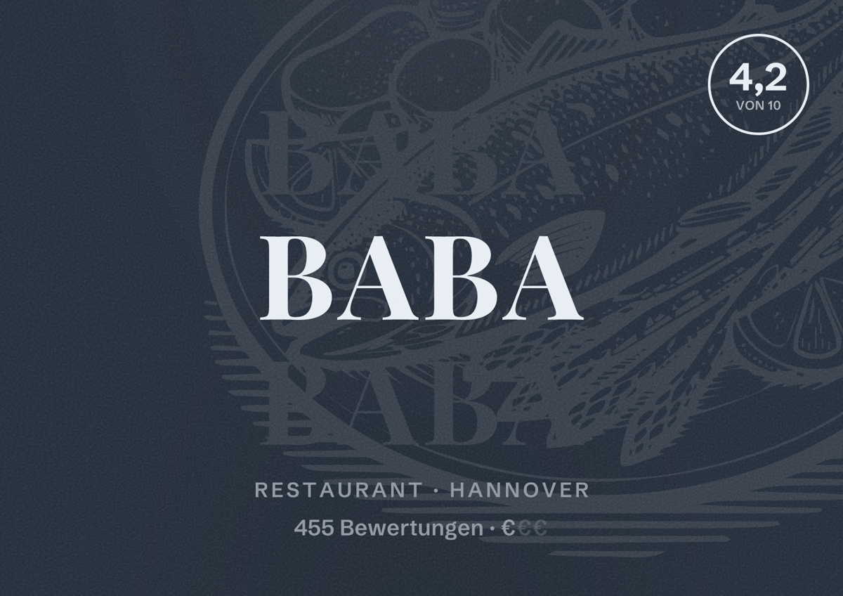 Illustriertes Poster von Baba, Restaurant in Hannover: Bewertung 4,2 von 10 aus 455 Bewertungen, Preisniveau €