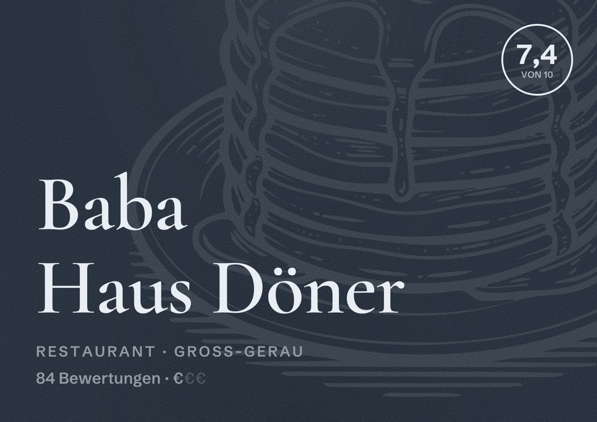 Illustriertes Poster von Baba Haus Döner, Restaurant in Groß-Gerau: Bewertung 7,4 von 10 aus 84 Bewertungen, Preisniveau €