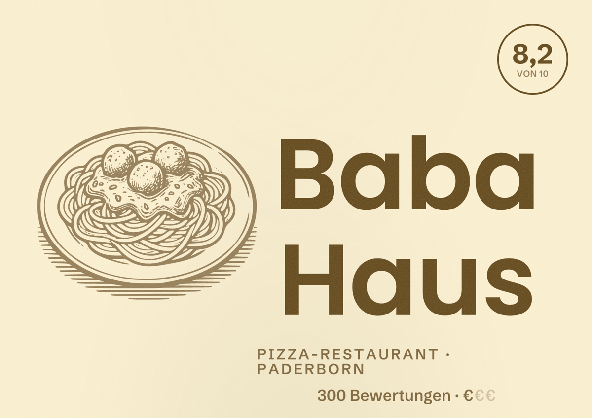 Illustriertes Poster von Baba Haus, Pizza-Restaurant in Paderborn: Bewertung 8,2 von 10 aus 300 Bewertungen, Preisniveau €