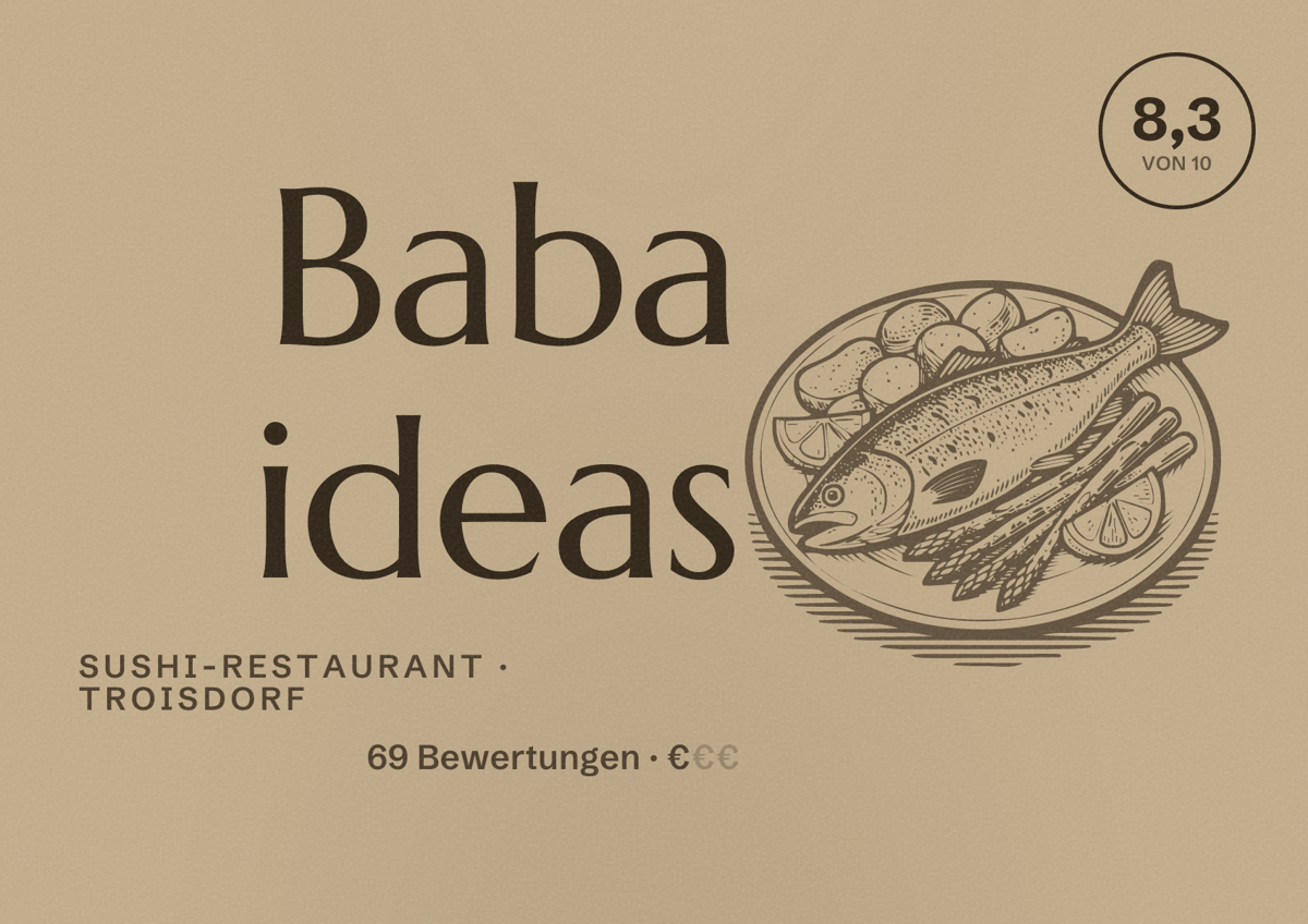 Illustriertes Poster von Baba ideas, Sushi-Restaurant in Troisdorf: Bewertung 8,3 von 10 aus 69 Bewertungen, Preisniveau €