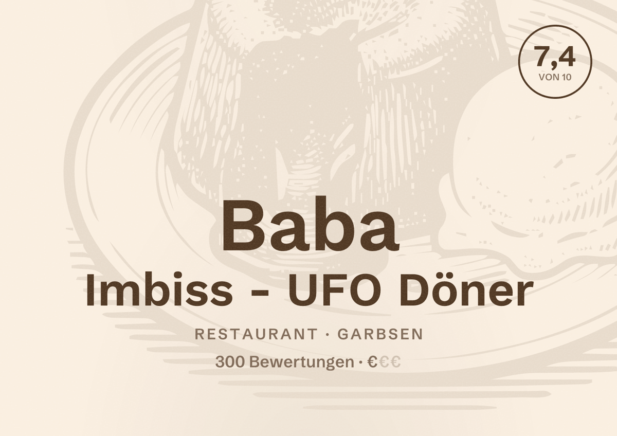 Illustriertes Poster von Baba Imbiss - UFO Döner, Restaurant in Garbsen: Bewertung 7,4 von 10 aus 300 Bewertungen, Preisniveau €