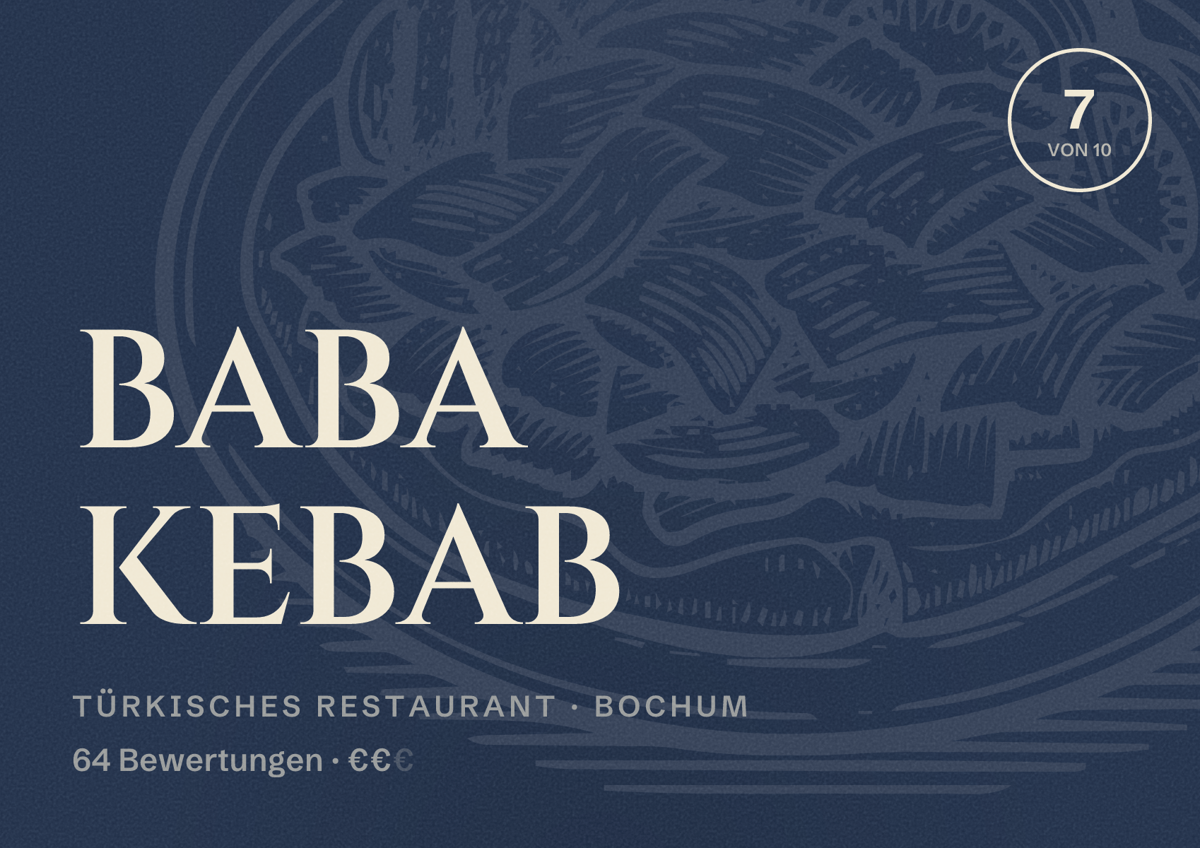 Illustriertes Poster von BABA KEBAB, Türkisches Restaurant in Bochum: Bewertung 7 von 10 aus 64 Bewertungen, Preisniveau €€