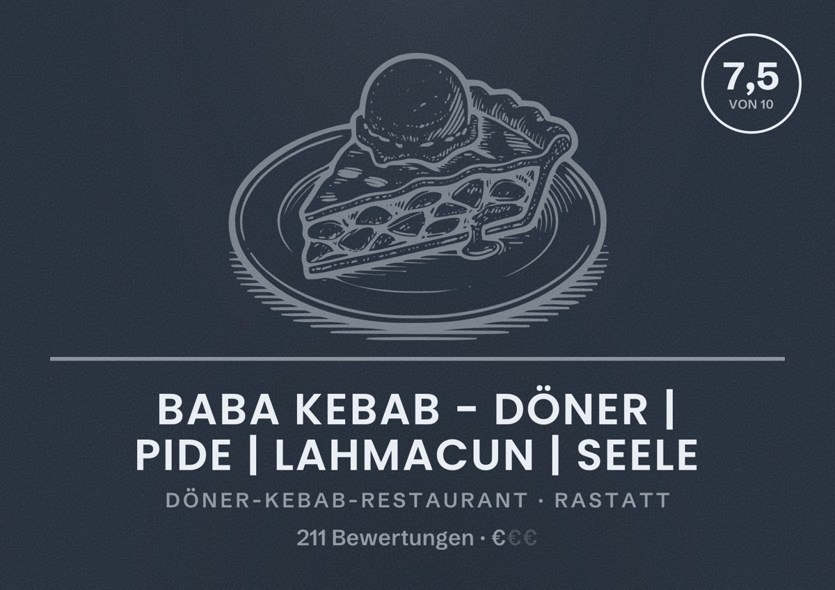 Illustriertes Poster von BABA KEBAB - Döner | Pide | Lahmacun | Seele, Döner-Kebab-Restaurant in Rastatt: Bewertung 7,5 von 10 aus 211 Bewertungen, Preisniveau €