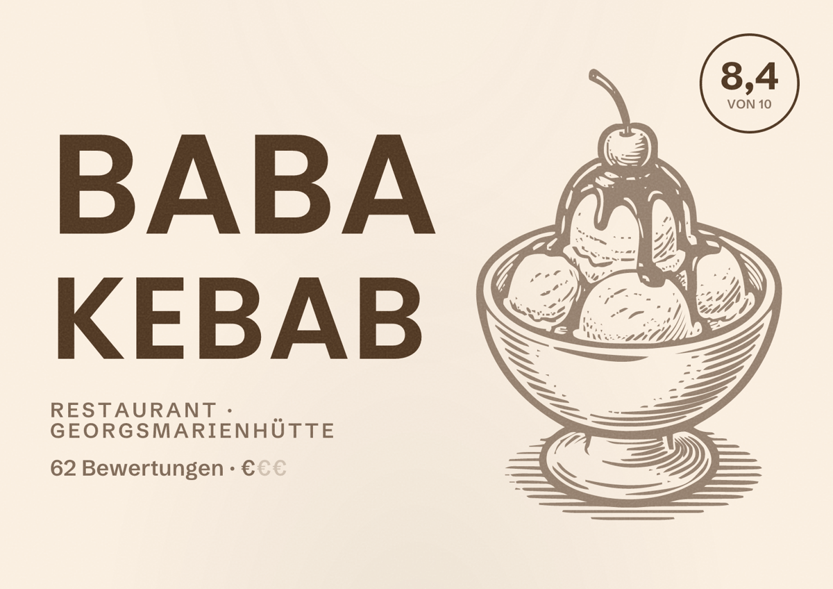 Illustriertes Poster von Baba Kebab, Restaurant in Georgsmarienhütte: Bewertung 8,4 von 10 aus 62 Bewertungen, Preisniveau €