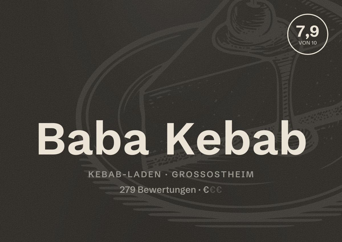 Illustriertes Poster von Baba Kebab, Kebab-Laden in Großostheim: Bewertung 7,9 von 10 aus 279 Bewertungen, Preisniveau €
