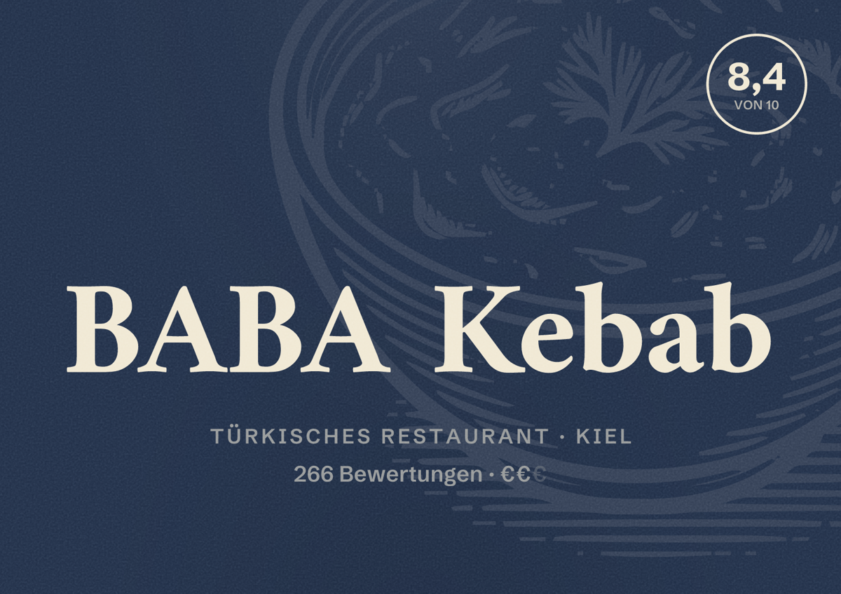Illustriertes Poster von BABA Kebab, Türkisches Restaurant in Kiel: Bewertung 8,4 von 10 aus 266 Bewertungen, Preisniveau €€