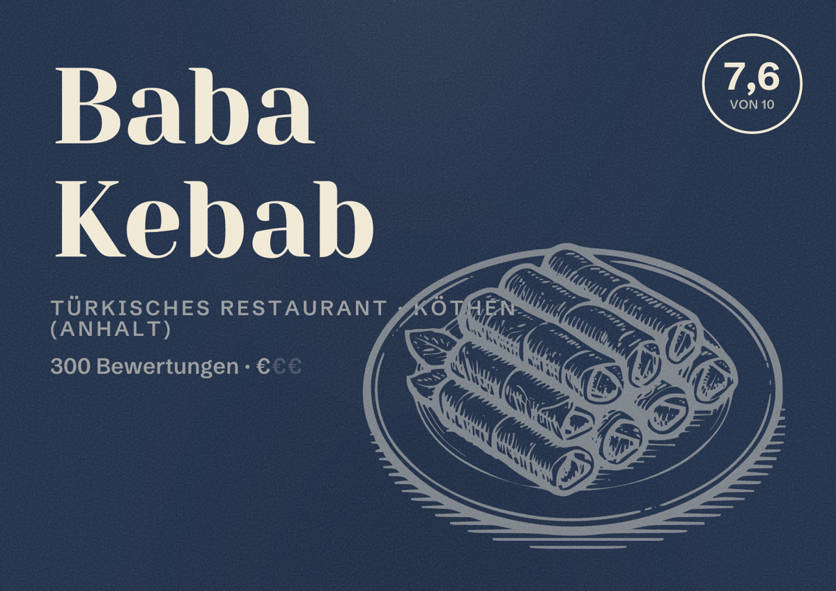 Illustriertes Poster von Baba Kebab, Türkisches Restaurant in Köthen (Anhalt): Bewertung 7,6 von 10 aus 300 Bewertungen, Preisniveau €