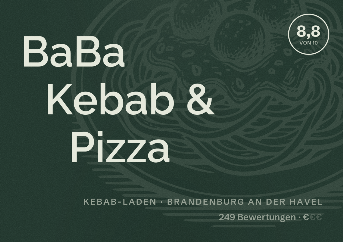 Illustriertes Poster von BaBa Kebab & Pizza, Kebab-Laden in Brandenburg an der Havel: Bewertung 8,8 von 10 aus 249 Bewertungen, Preisniveau €