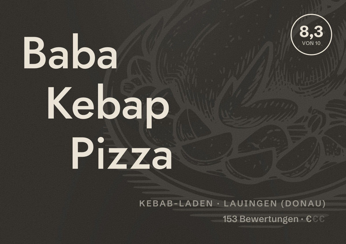 Illustriertes Poster von Baba Kebap Pizza, Kebab-Laden in Lauingen (Donau): Bewertung 8,3 von 10 aus 153 Bewertungen, Preisniveau €