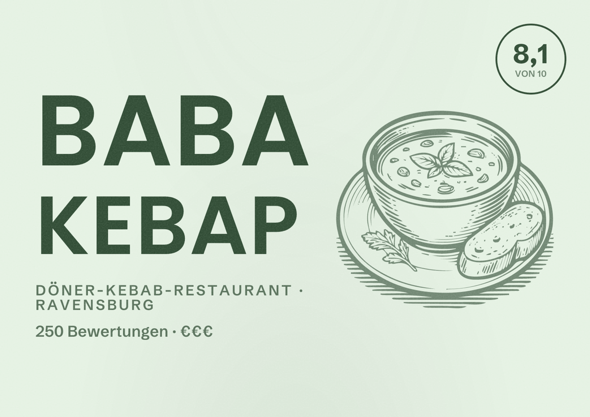 Illustriertes Poster von Baba Kebap, Döner-Kebab-Restaurant in Ravensburg: Bewertung 8,1 von 10 aus 250 Bewertungen, Preisniveau €€€