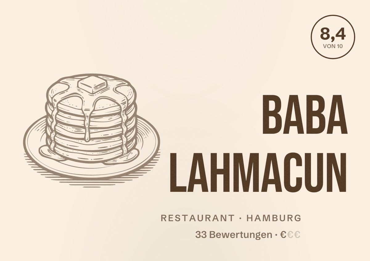 Illustriertes Poster von Baba Lahmacun, Restaurant in Hamburg: Bewertung 8,4 von 10 aus 33 Bewertungen, Preisniveau €