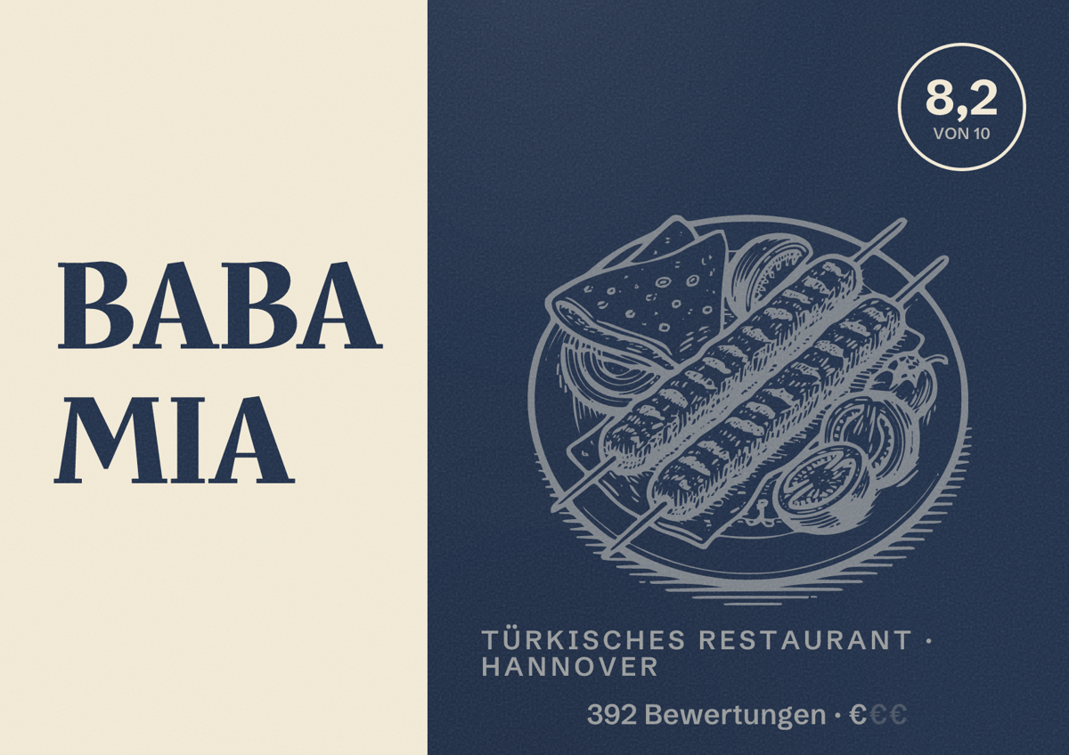 Illustriertes Poster von BABA MIA, Türkisches Restaurant in Hannover: Bewertung 8,2 von 10 aus 392 Bewertungen, Preisniveau €