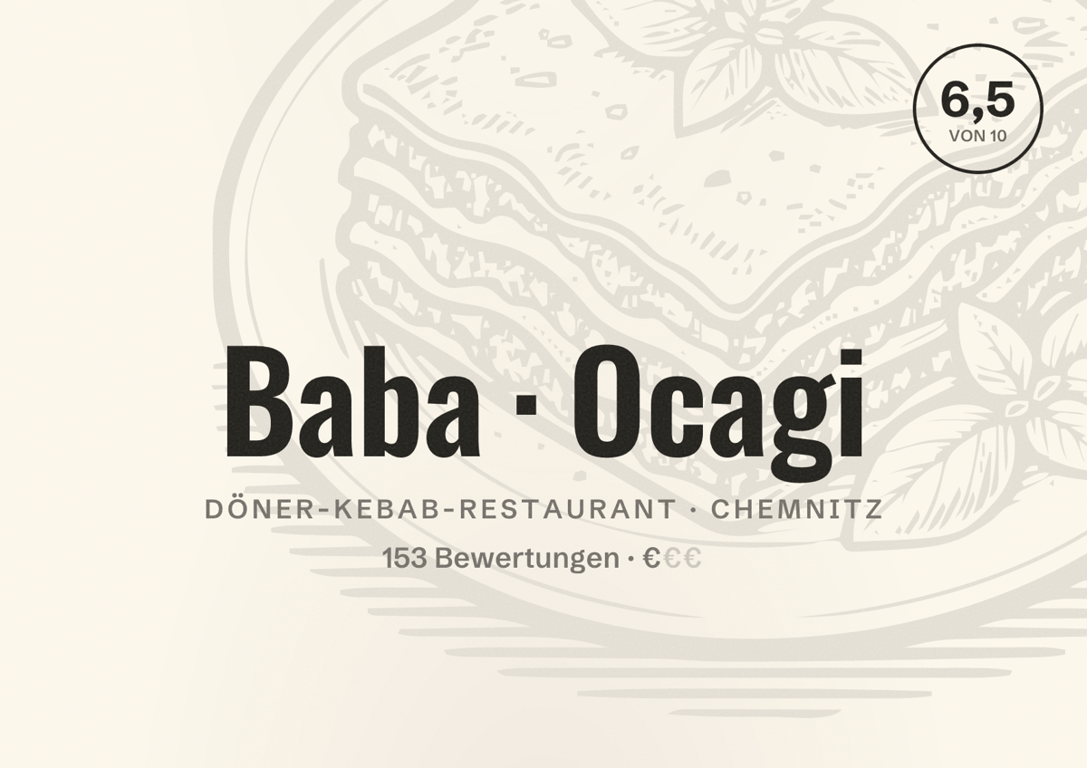 Illustriertes Poster von Baba Ocagi, Döner-Kebab-Restaurant in Chemnitz: Bewertung 6,5 von 10 aus 153 Bewertungen, Preisniveau €