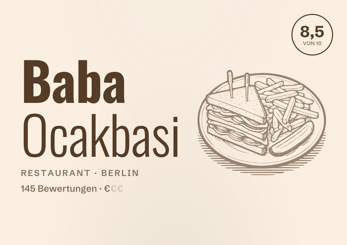 Illustriertes Poster von Baba Ocakbasi, Restaurant in Berlin: Bewertung 8,5 von 10 aus 145 Bewertungen, Preisniveau €
