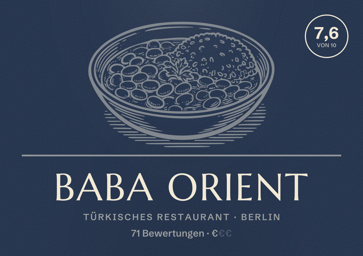 Illustriertes Poster von Baba Orient, Türkisches Restaurant in Berlin: Bewertung 7,6 von 10 aus 71 Bewertungen, Preisniveau €