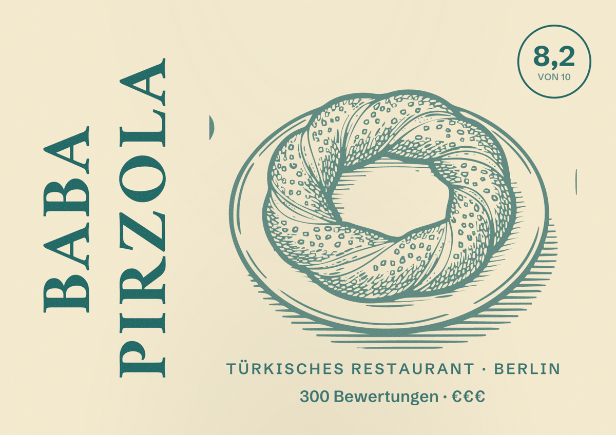 Illustriertes Poster von Baba Pirzola, Türkisches Restaurant in Berlin: Bewertung 8,2 von 10 aus 300 Bewertungen, Preisniveau €€€