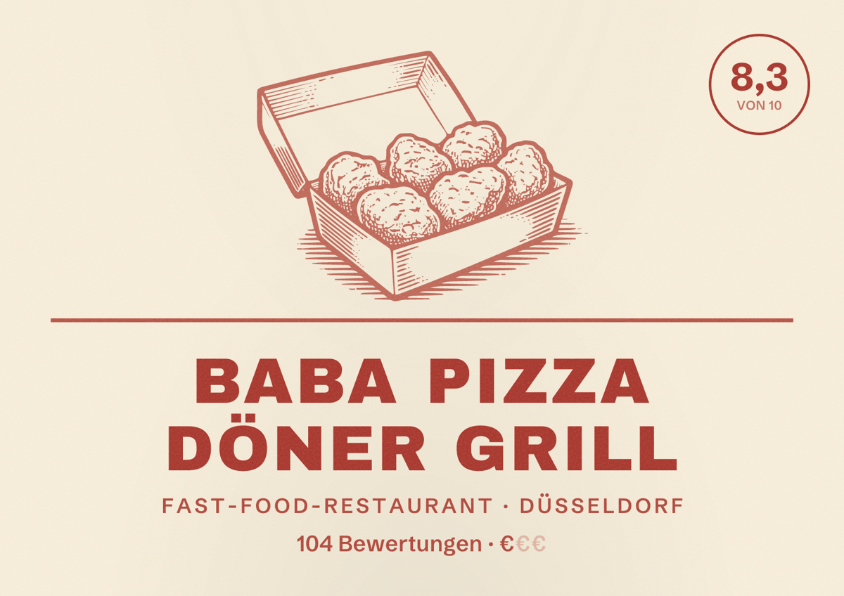 Illustriertes Poster von BABA Pizza Döner Grill, Fast-Food-Restaurant in Düsseldorf: Bewertung 8,3 von 10 aus 104 Bewertungen, Preisniveau €