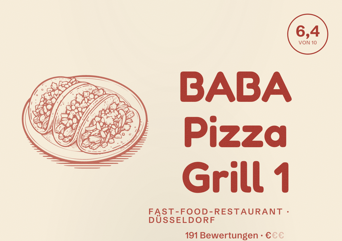 Illustriertes Poster von BABA Pizza Grill 1, Fast-Food-Restaurant in Düsseldorf: Bewertung 6,4 von 10 aus 191 Bewertungen, Preisniveau €