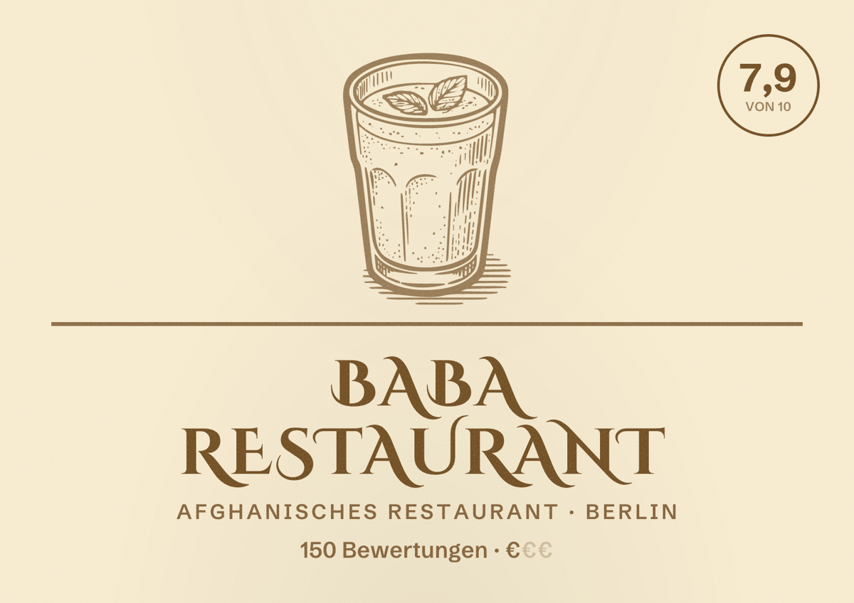 Illustriertes Poster von BaBa Restaurant, Afghanisches Restaurant in Berlin: Bewertung 7,9 von 10 aus 150 Bewertungen, Preisniveau €