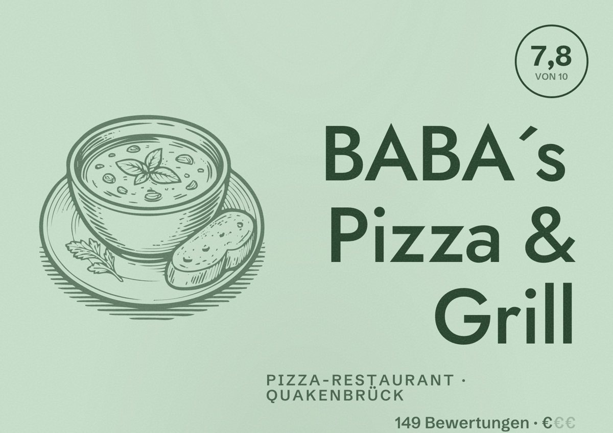 Illustriertes Poster von BABA´s Pizza & Grill, Pizza-Restaurant in Quakenbrück: Bewertung 7,8 von 10 aus 149 Bewertungen, Preisniveau €