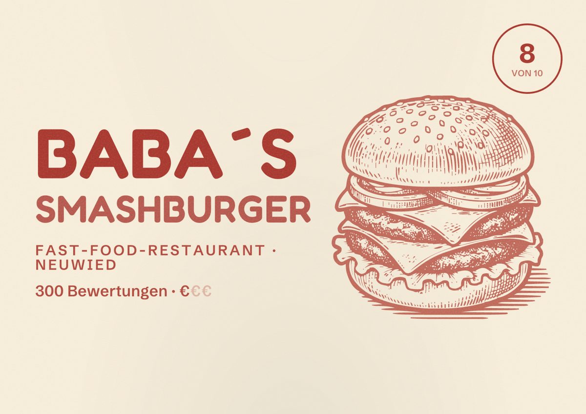 Illustriertes Poster von Baba´s Smashburger, Fast-Food-Restaurant in Neuwied: Bewertung 8 von 10 aus 300 Bewertungen, Preisniveau €