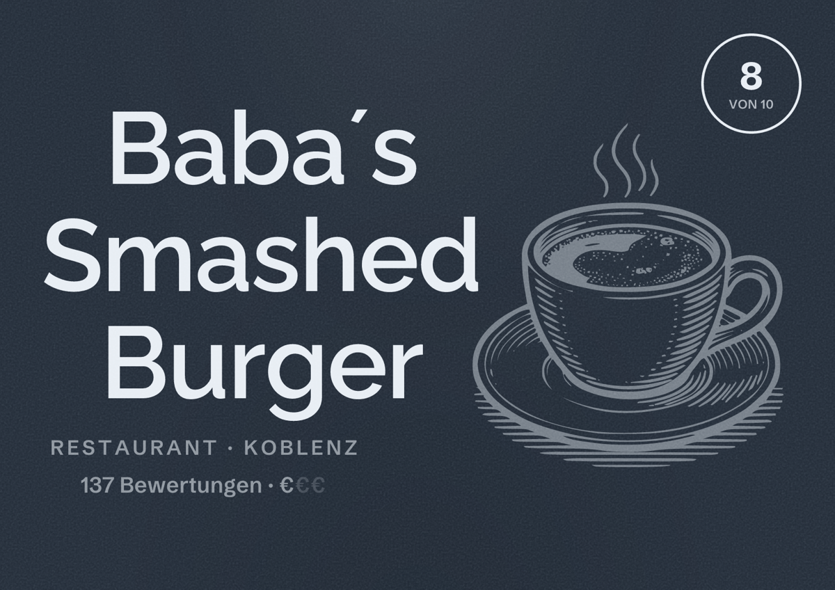 Illustriertes Poster von Baba´s Smashed Burger, Restaurant in Koblenz: Bewertung 8 von 10 aus 137 Bewertungen, Preisniveau €