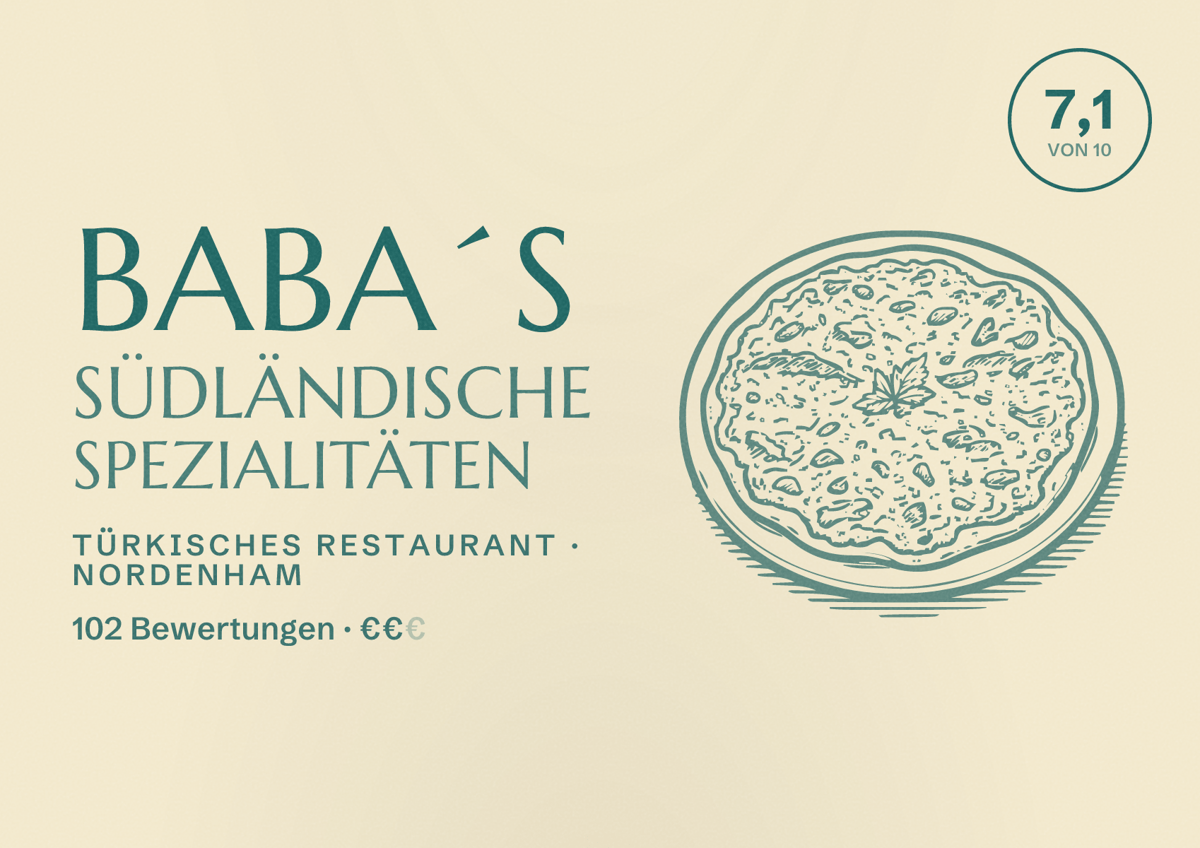 Illustriertes Poster von BaBa´s Südländische Spezialitäten, Türkisches Restaurant in Nordenham: Bewertung 7,1 von 10 aus 102 Bewertungen, Preisniveau €€