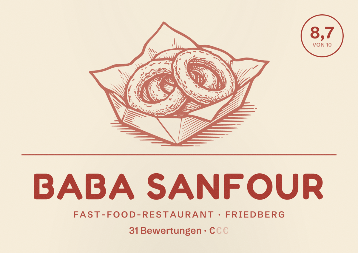 Illustriertes Poster von baba sanfour, Fast-Food-Restaurant in Friedberg: Bewertung 8,7 von 10 aus 31 Bewertungen, Preisniveau €