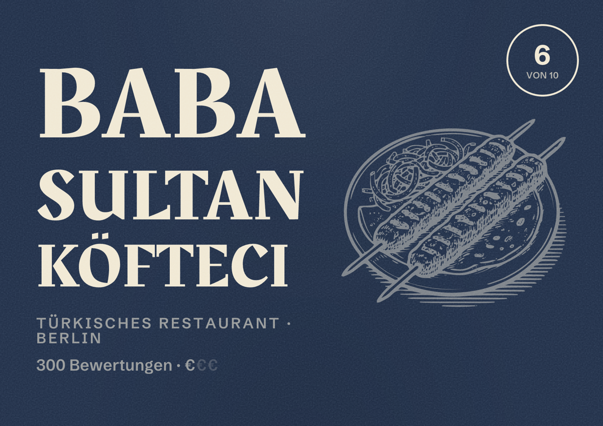 Illustriertes Poster von Baba Sultan Köfteci, Türkisches Restaurant in Berlin: Bewertung 6,0 von 10 aus 300 Bewertungen, Preisniveau €