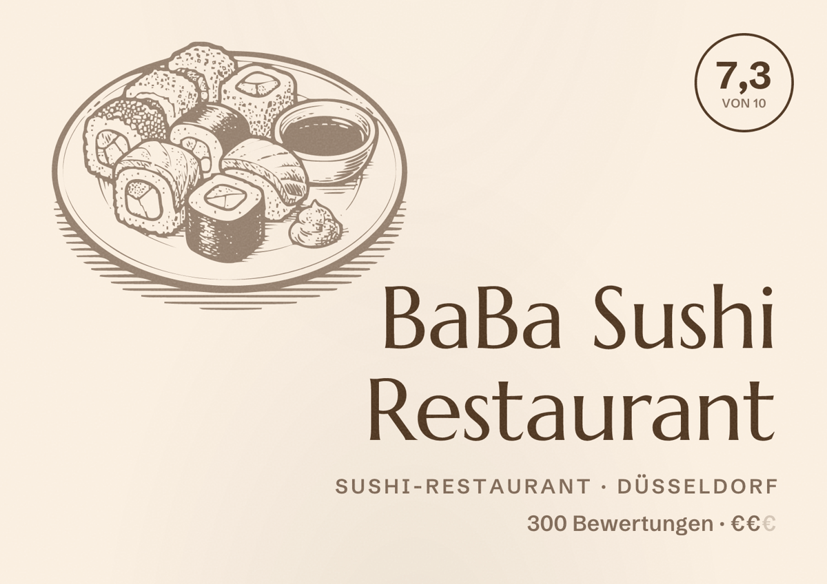 Illustriertes Poster von BaBa Sushi Restaurant, Sushi-Restaurant in Düsseldorf: Bewertung 7,3 von 10 aus 300 Bewertungen, Preisniveau €€