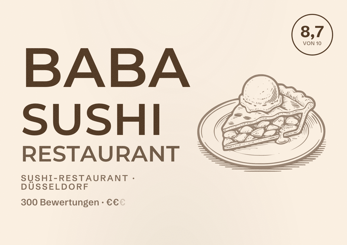 Illustriertes Poster von BaBa Sushi Restaurant, Sushi-Restaurant in Düsseldorf: Bewertung 8,7 von 10 aus 300 Bewertungen, Preisniveau €€