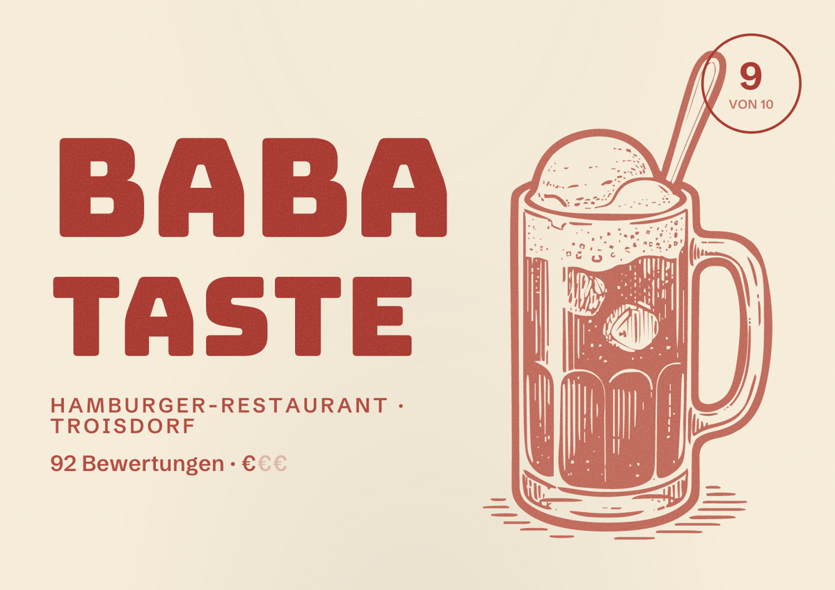 Illustriertes Poster von BABA TASTE, Hamburger-Restaurant in Troisdorf: Bewertung 9 von 10 aus 92 Bewertungen, Preisniveau €