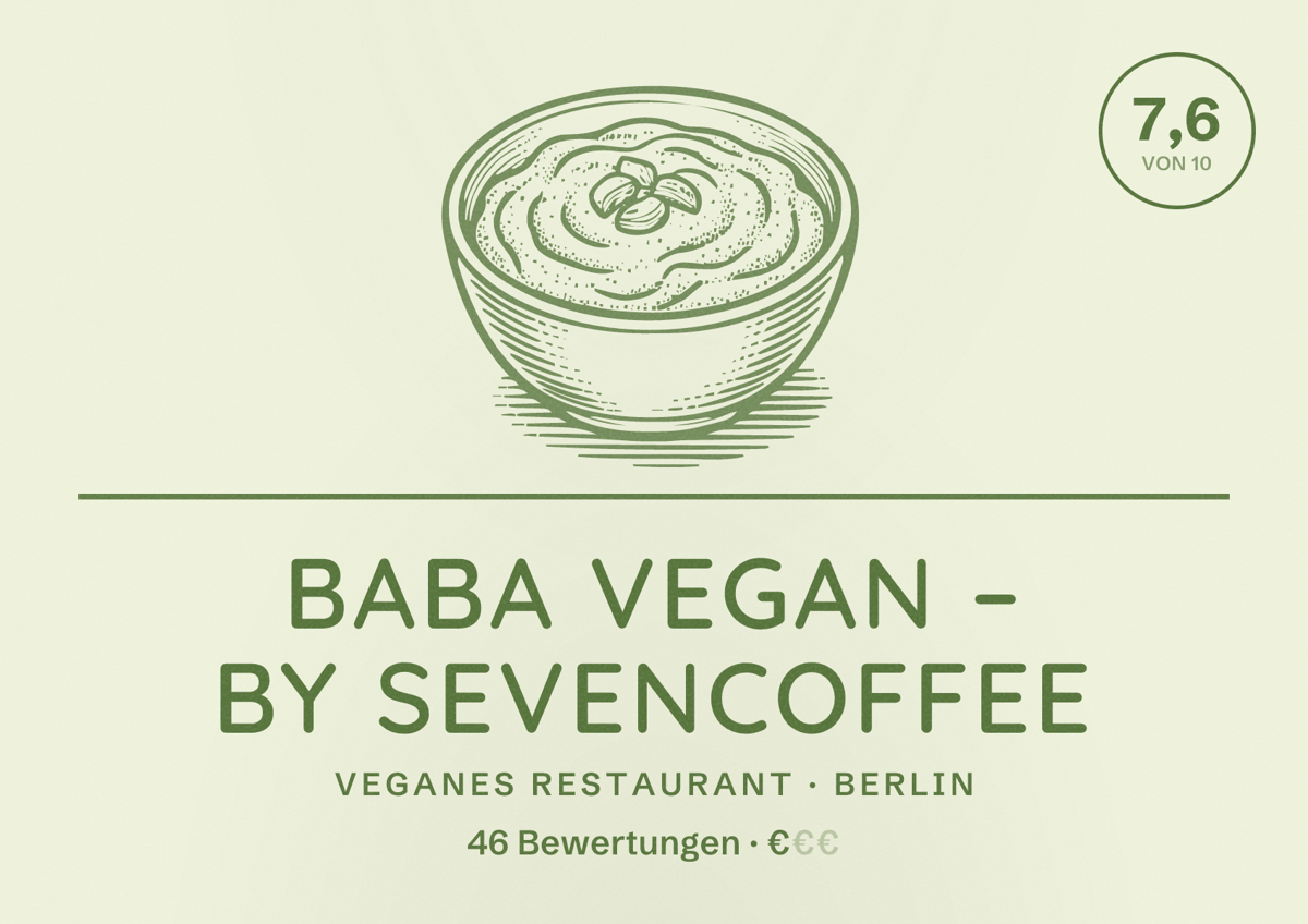 Illustriertes Poster von Baba Vegan – by sevencoffee, Veganes Restaurant in Berlin: Bewertung 7,6 von 10 aus 46 Bewertungen, Preisniveau €
